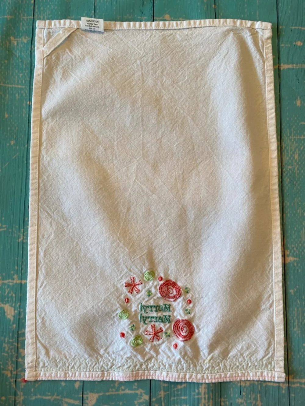 Merry! Merry! Embroidered Holiday Kitchen Towel - Red & Green